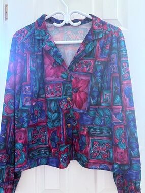 Vintage Women's Floral Geometric Button-Front Jacket - Purple Teal